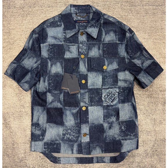 Louis Vuitton Salt Print Denim Blue Damier LV Logo Short Sleeve Button Shirt S - Picture 2 of 16